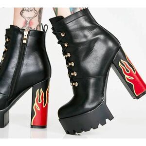 BNIB~LAMODA Black Hustler Flame Accent Platform Heel Booties Sz 9